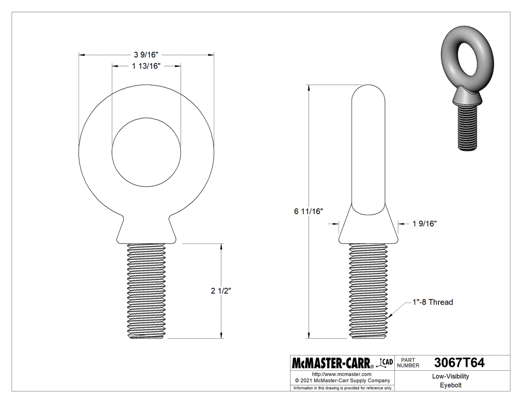 Technical Drawing of Low-Visibility Eyebolt, with Shoulder-for Lifting, 1"-8 Thread Size, 2-1/2" Thread Length .